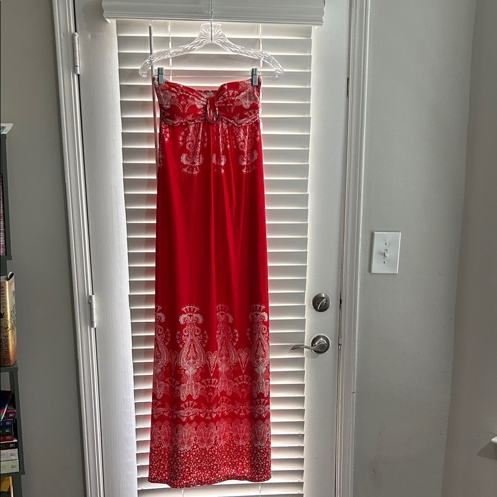 Red Strapless Maxi Dress with White Pattern